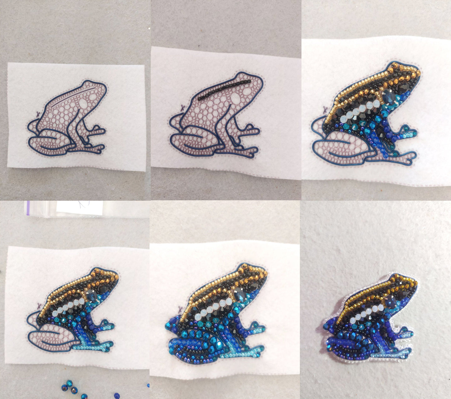 four pictures of a frog with beads on it