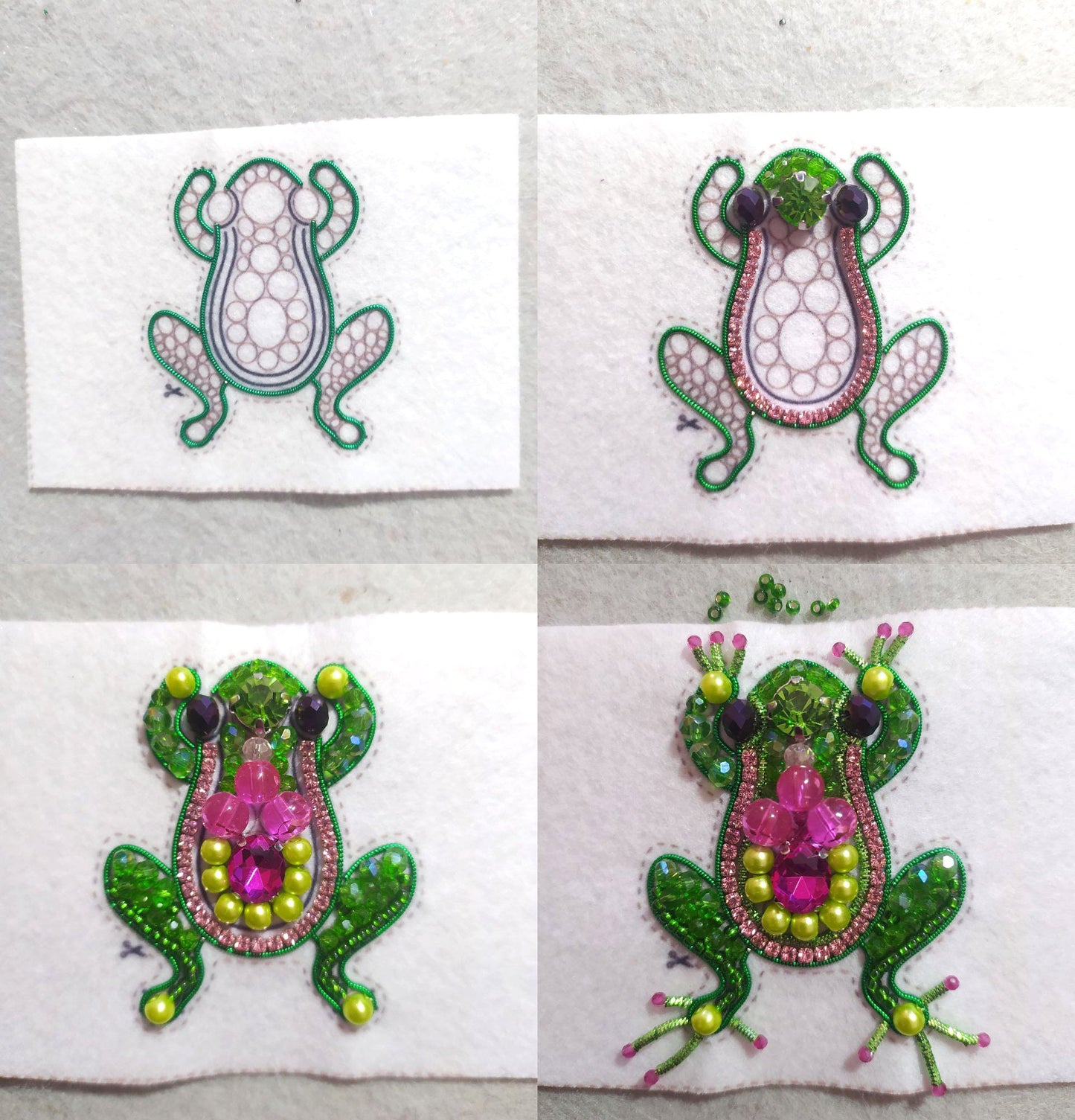 four pictures of a frog on a towel