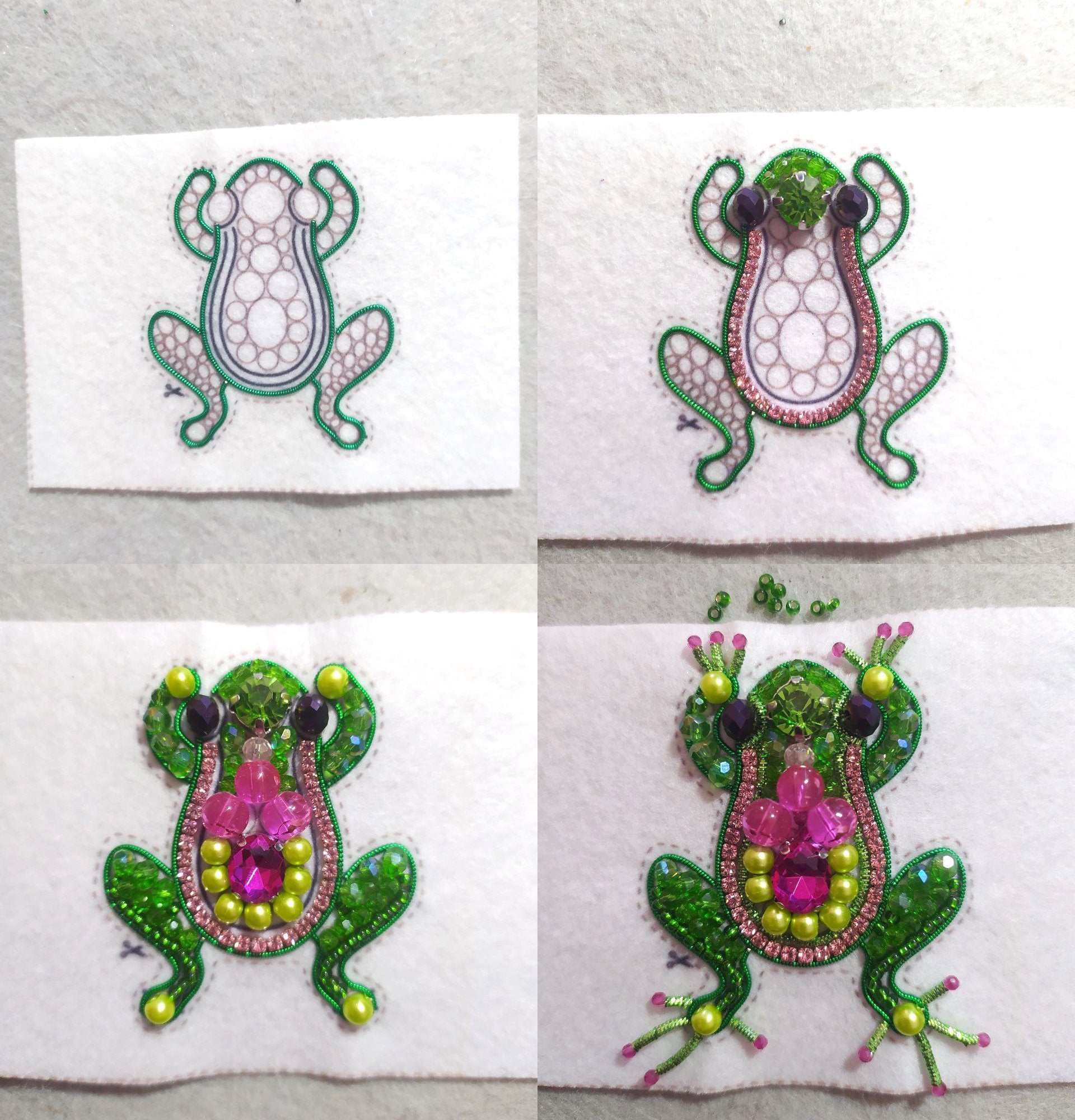 four pictures of a frog on a towel