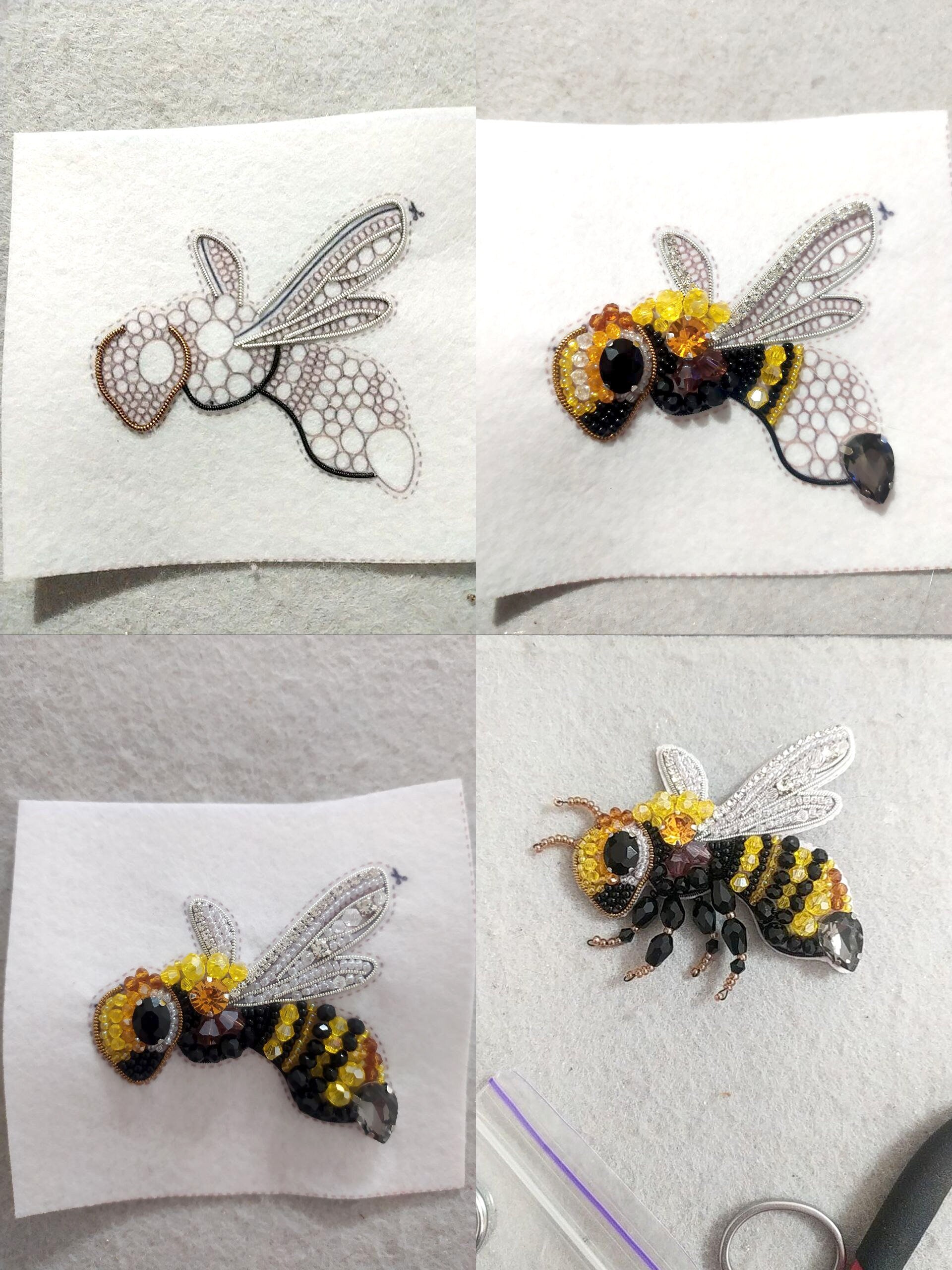 a group of four pictures of a bee on a piece of paper