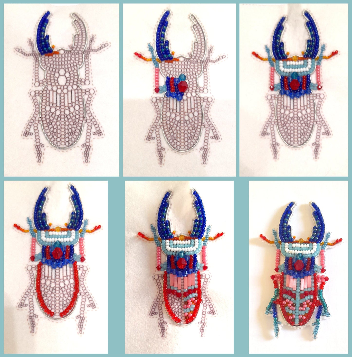 four pictures of a bug made out of beads