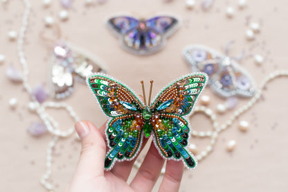 a hand is holding a colorful butterfly brooch