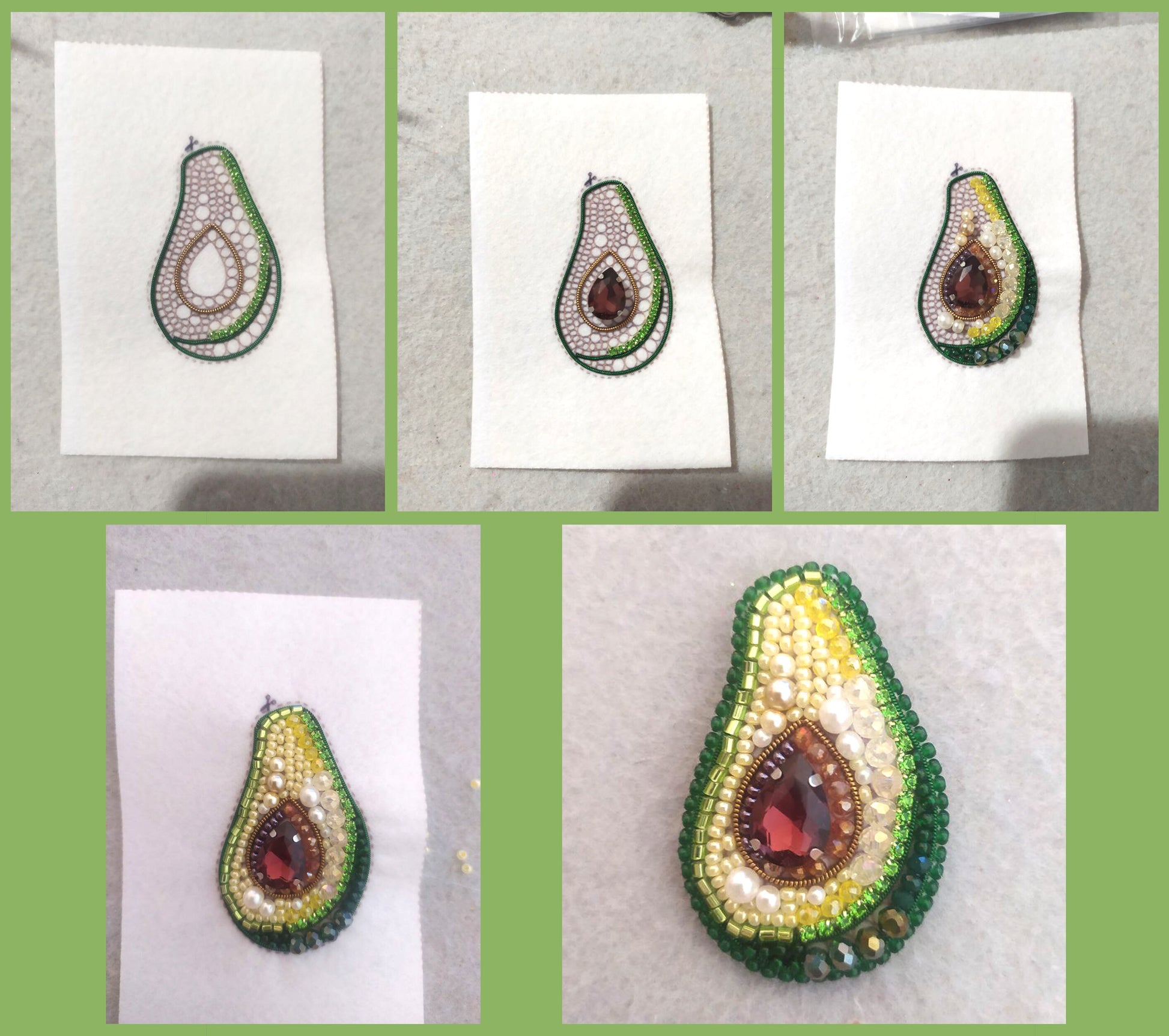 a series of pictures showing how to make a beaded avocado brooch