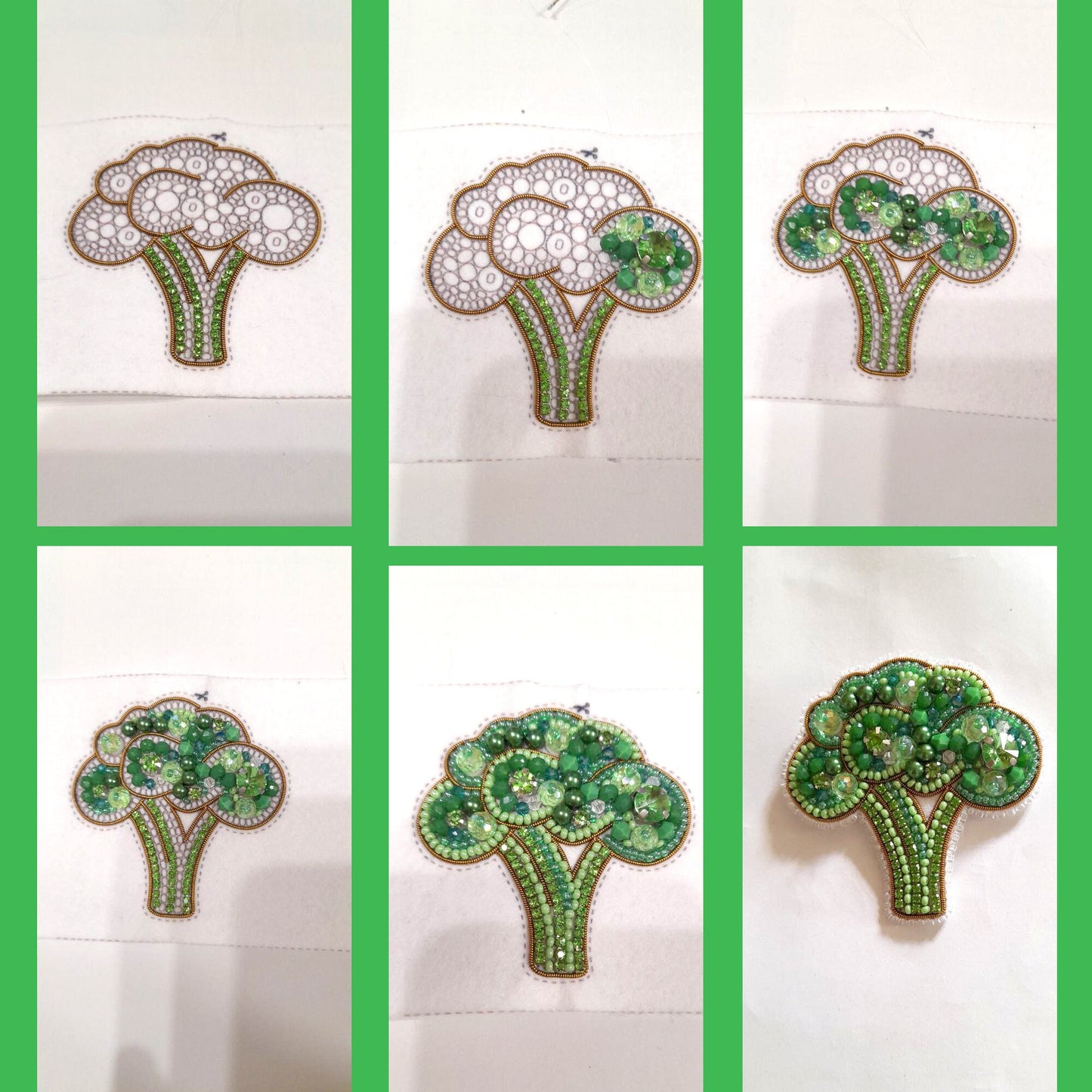 a series of pictures of broccoli made from beads