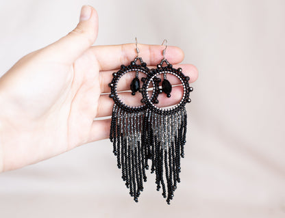 DIY Beading Kit, Black and Silver Fringe Earrings, Bedazzled Hoop Earrings, Jewelry make Adult Craft Kit