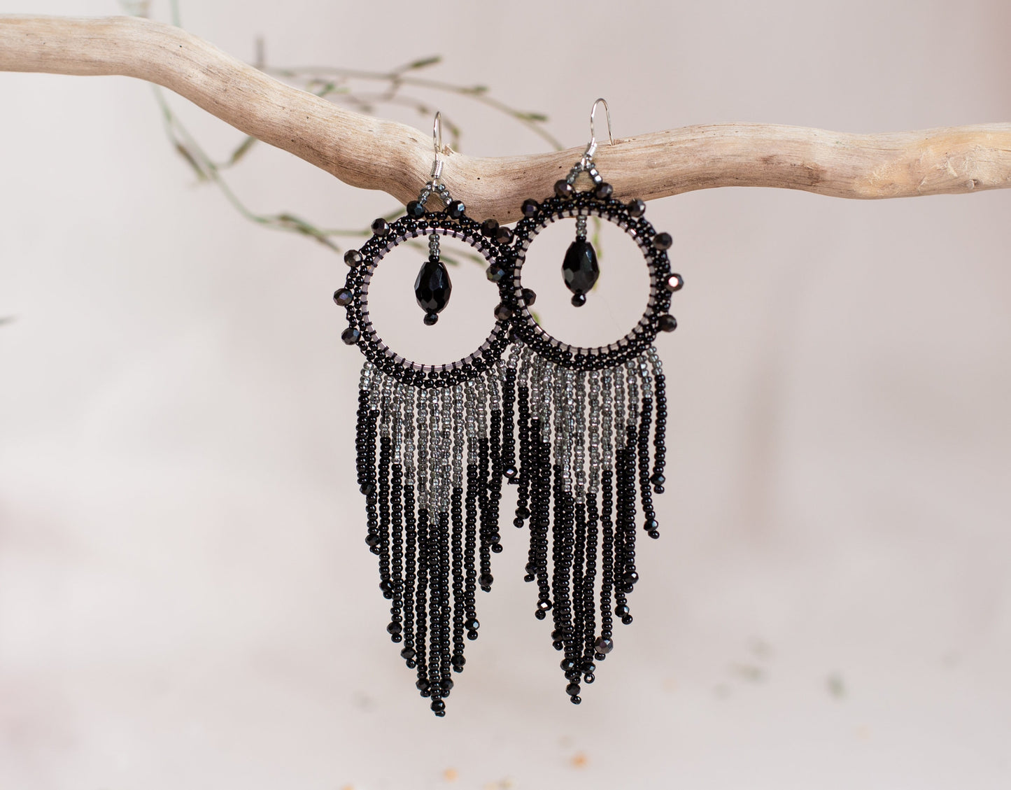 DIY Beading Kit, Black and Silver Fringe Earrings, Bedazzled Hoop Earrings, Jewelry make Adult Craft Kit