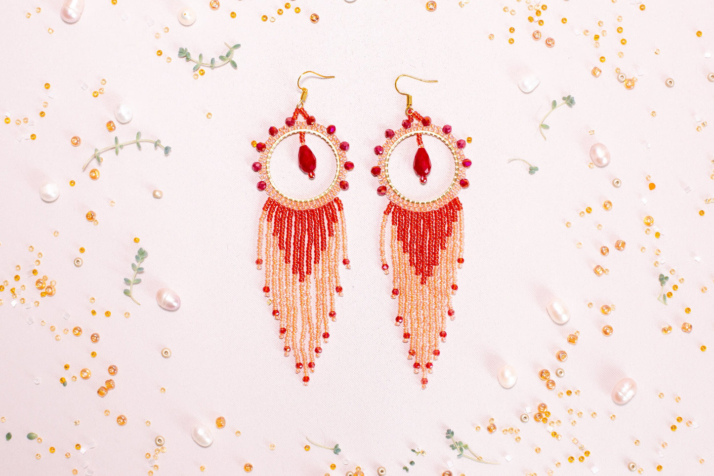 DIY Beading Kit, Coral and Red Fringe Earrings, Bedazzled Hoop Earrings, Jewelry make Adult Craft Kit