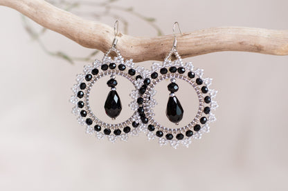 DIY Beading Kit, Black and Silver Beaded Earrings, Bedazzled Hoop Earrings, Jewelry make Adult Craft Kit