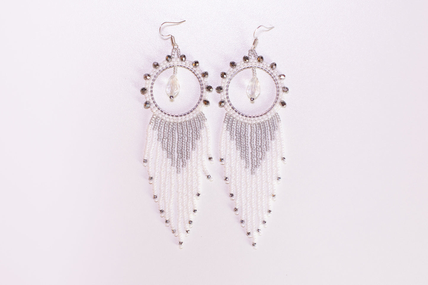 DIY Beading Kit, White and Silver Fringe Earrings, Bedazzled Hoop Earrings, Jewelry make Adult Craft Kit