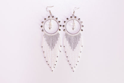 DIY Beading Kit, White and Silver Fringe Earrings, Bedazzled Hoop Earrings, Jewelry make Adult Craft Kit