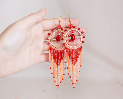 DIY Beading Kit, Coral and Red Fringe Earrings, Bedazzled Hoop Earrings, Jewelry make Adult Craft Kit