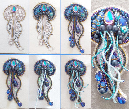 a collage of beaded and beaded brooches