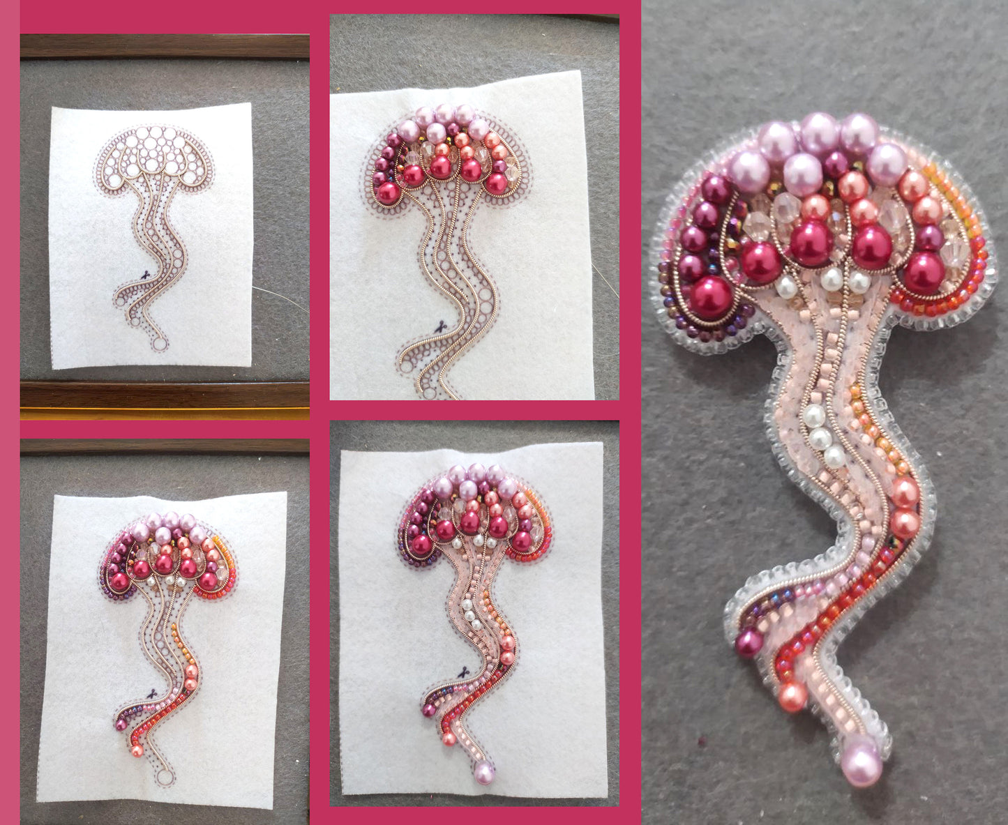 a collage of beaded brooches and a piece of paper