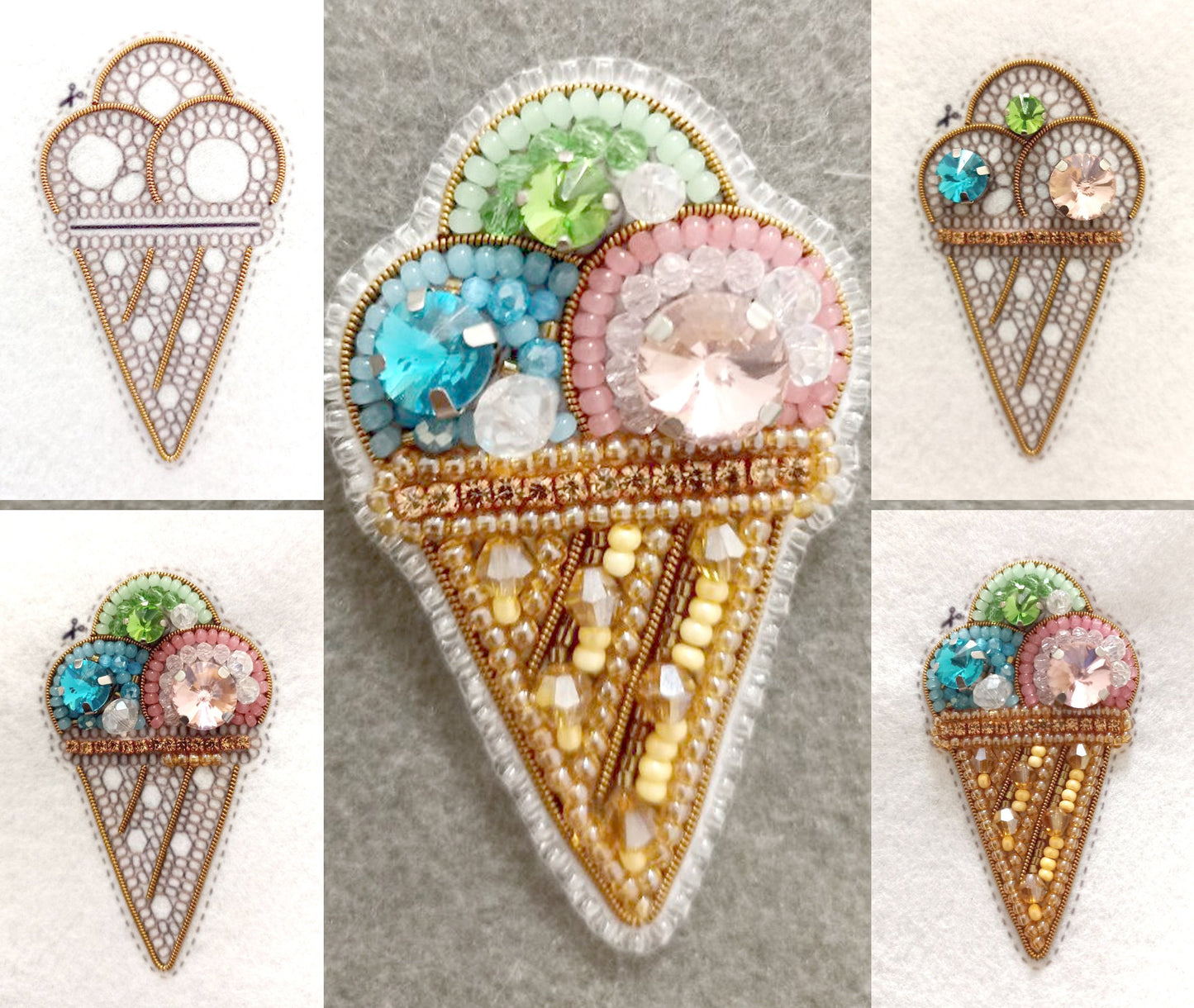 Bead Embroidery Kit Ice Cream Cone. Seed Bead Brooch kit. DIY Craft kit. Food Beading kit. Needlework beading. Handmade Jewelry Making Kit