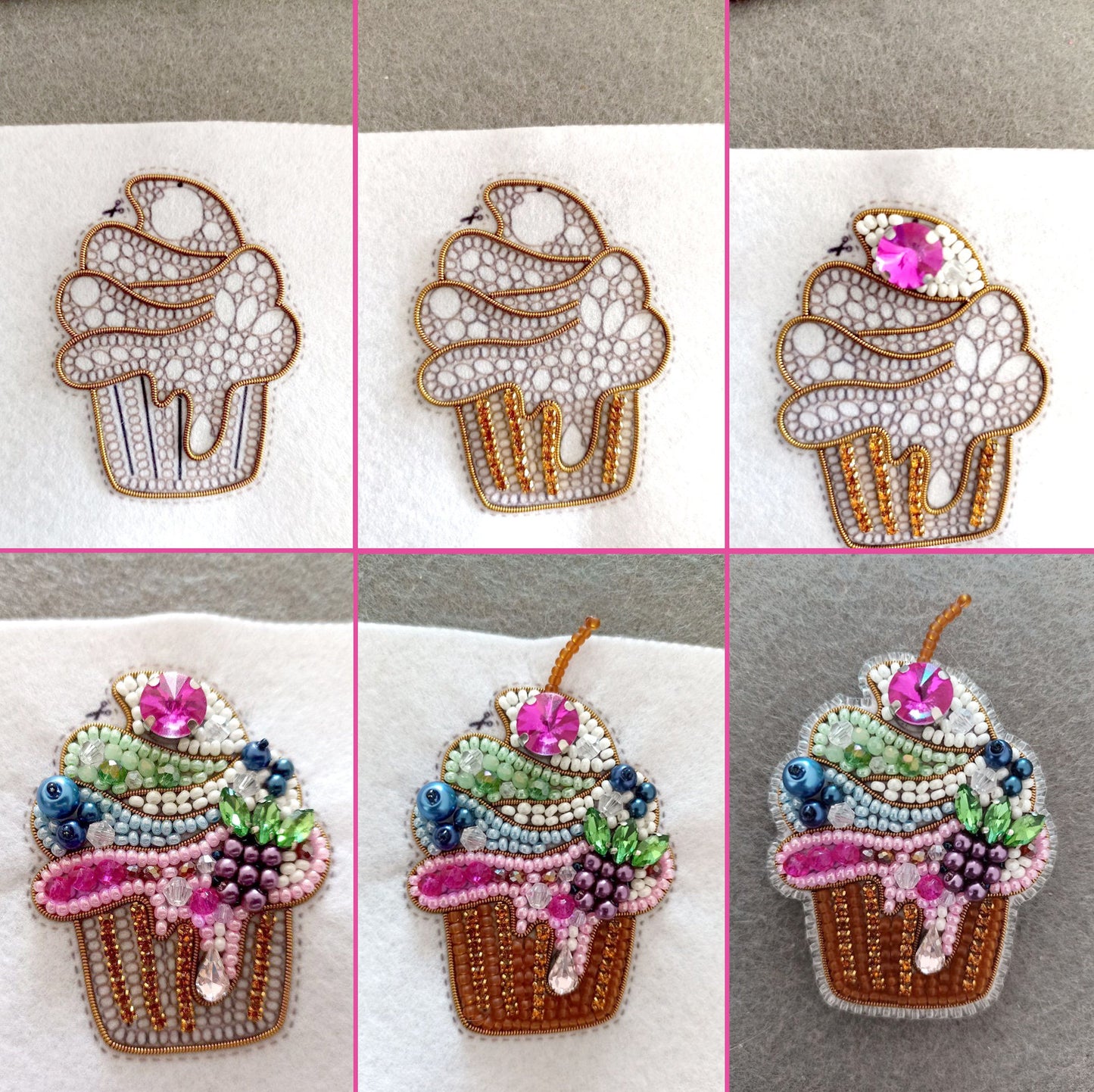 a series of pictures showing how to make a cupcake brooch