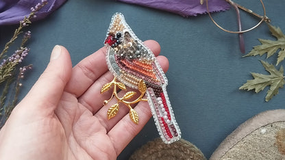 Cardinal Bird - Readymade Beaded Brooch