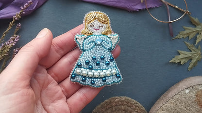 Blue Christmas Angel Readymade Beaded Brooch