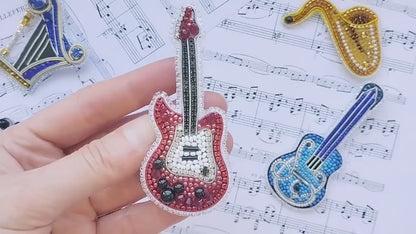 Red Guitar - Readymade Beaded Brooch