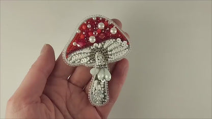 Bead Embroidery Kit Toadstool Mushroom, DIY Jewelry Making Set, Handmade Beadwork Pin, Craft Gift for Her