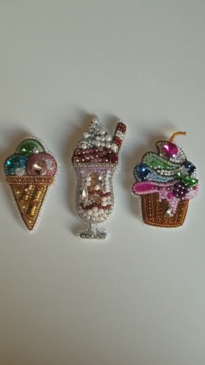 Bead Embroidery Kit - Set of 3 Tasty Sweets, DIY Craft kits, Cute Beaded Brooches, Jewelry Making Kits for Adults, Needlework beading