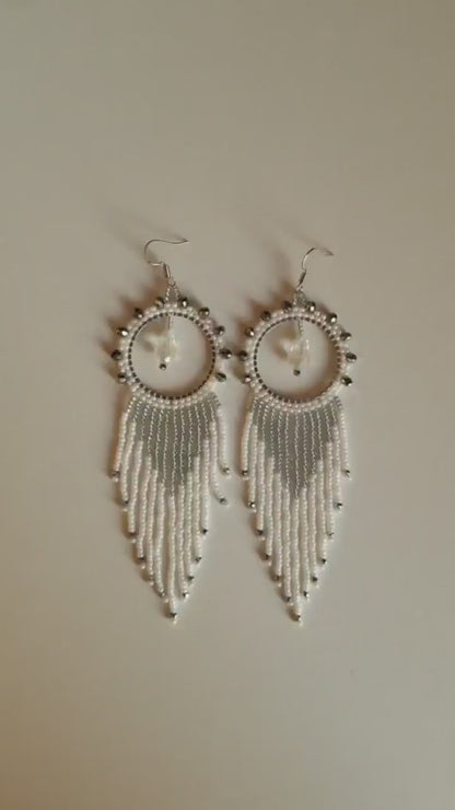 DIY Beading Kit, White and Silver Fringe Earrings, Bedazzled Hoop Earrings, Jewelry make Adult Craft Kit