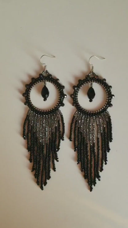 DIY Beading Kit, Black and Silver Fringe Earrings, Bedazzled Hoop Earrings, Jewelry make Adult Craft Kit