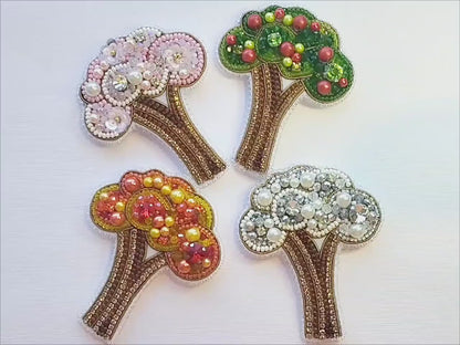 Bead Embroidery Kit - Set of 4 Trees, DIY Craft kits, Seasons Beaded Brooches, Jewelry Making Kits for Adults, Needlework beading