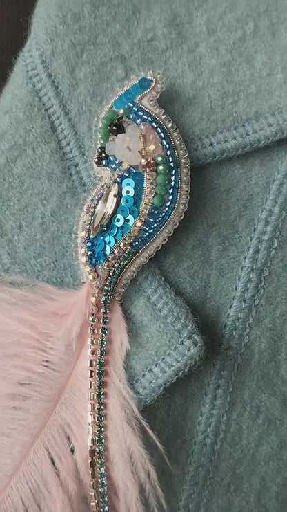 Blue-Pink Bird - Readymade Beaded Brooch