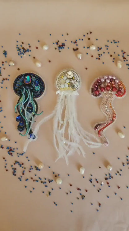 Bead Embroidery Kit - Set of 3 Jellyfishes, DIY Craft kits, Sea Life Beaded Brooches, Jewelry Making Kits for Adults, Needlework beading