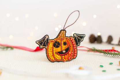 Halloween Pumpkin Bead embroidery kit. Seed Bead Brooch kit. DIY Craft kit. Beadweaving Kit. Needlework beading. Handmade Jewelry Making Kit