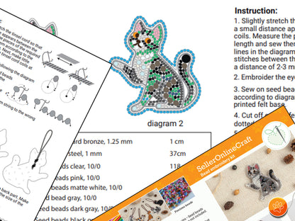 Gray Tabby Cat Bead embroidery kit. Seed Bead Brooch kit. DIY Craft kit. Beadweaving Kit. Needlework beading. Handmade Jewelry Making Kit