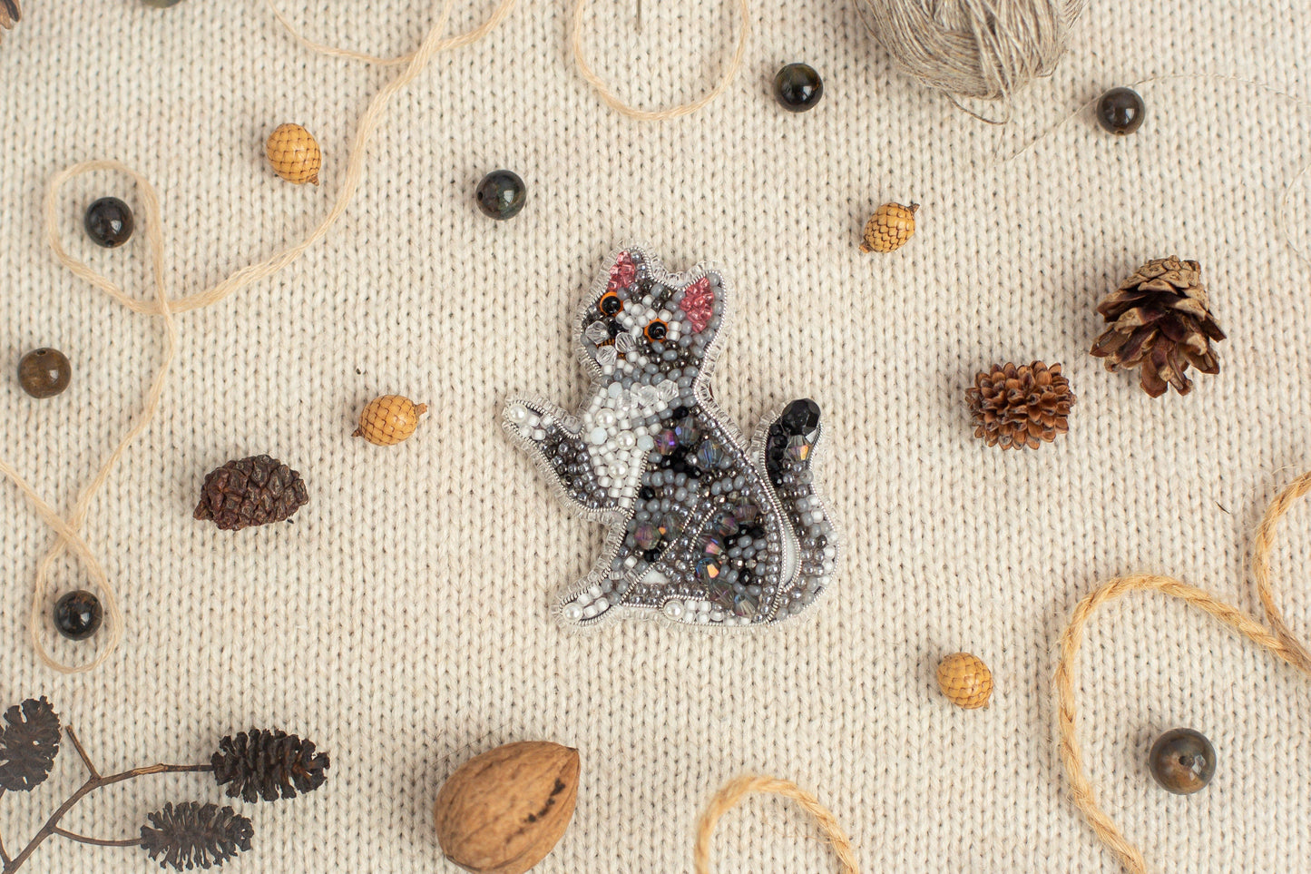 Gray Tabby Cat Bead embroidery kit. Seed Bead Brooch kit. DIY Craft kit. Beadweaving Kit. Needlework beading. Handmade Jewelry Making Kit