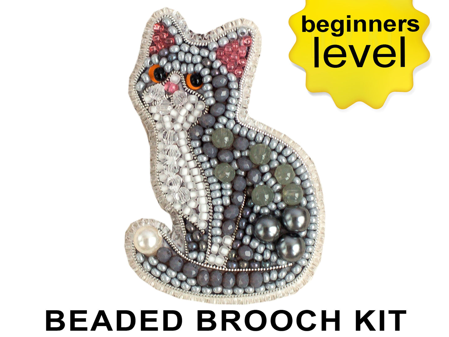 Gray Cat Bead embroidery kit. Seed Bead Brooch kit. DIY Craft kit. Beadweaving Kit. Needlework beading. Handmade Jewelry Making Kit