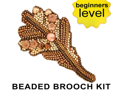 Oak Leaf Bead embroidery kit. Seed Bead Brooch kit. DIY Craft kit. Beadweaving Kit. Needlework beading. Handmade Jewelry Making Kit