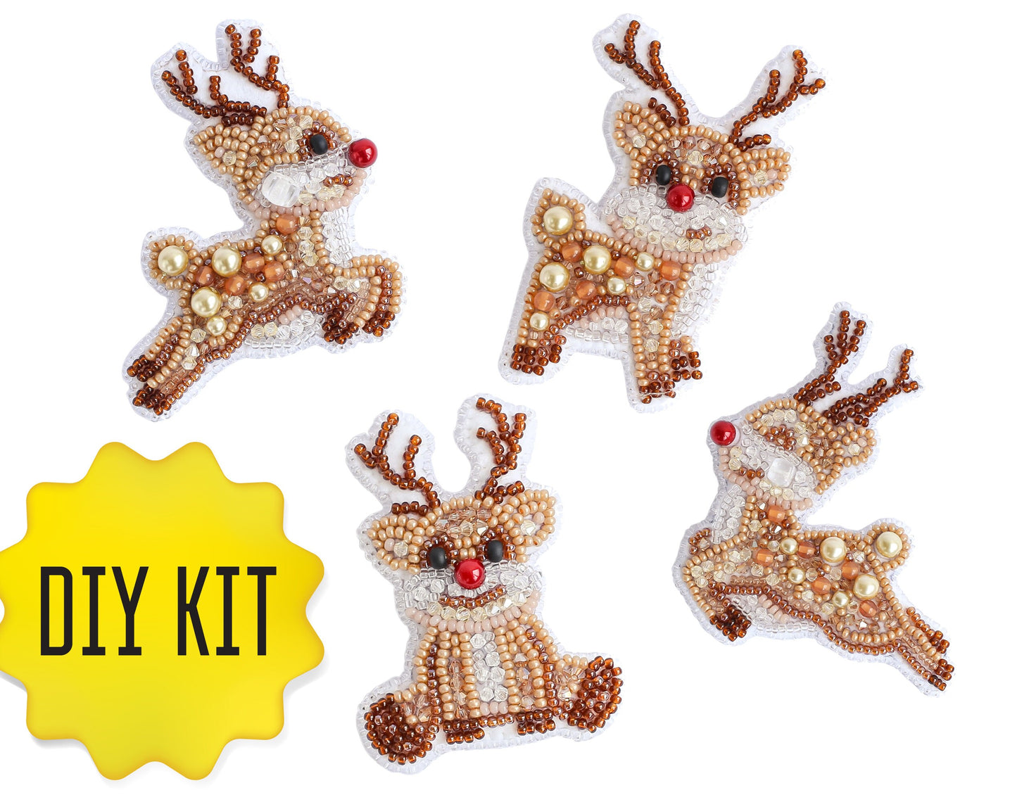 Set of 4 Christmas Deer DIY Beaded Brooches Kits, Xmas Craft Kits, Beaded Brooches, Jewelry Making Kits for Adults, Needlework beading