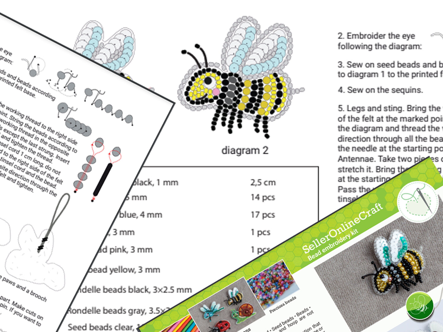 Bee Bead embroidery kit. Seed Bead Brooch kit. DIY Craft kit. Beadweaving Kit. Needlework beading. Handmade Jewelry Making Kit