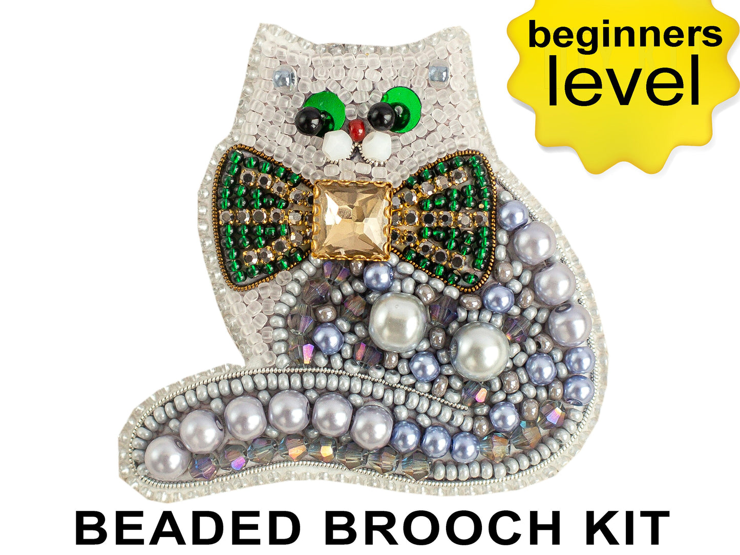 Cat with Bow Bead embroidery kit. Seed Bead Brooch kit. DIY Craft kit. Beadweaving Kit. Needlework beading. Handmade Jewelry Making Kit