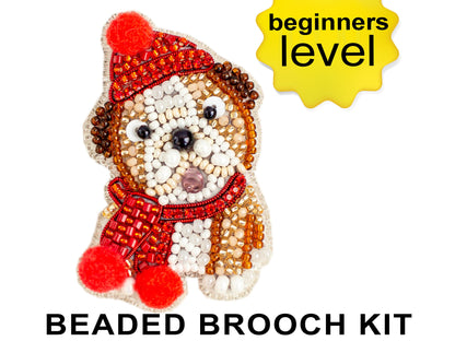 Christmas Bulldog Bead embroidery kit. Seed Bead Brooch kit. DIY Craft kit. Beading kit. Needlework beading. Handmade Jewellery Making kit