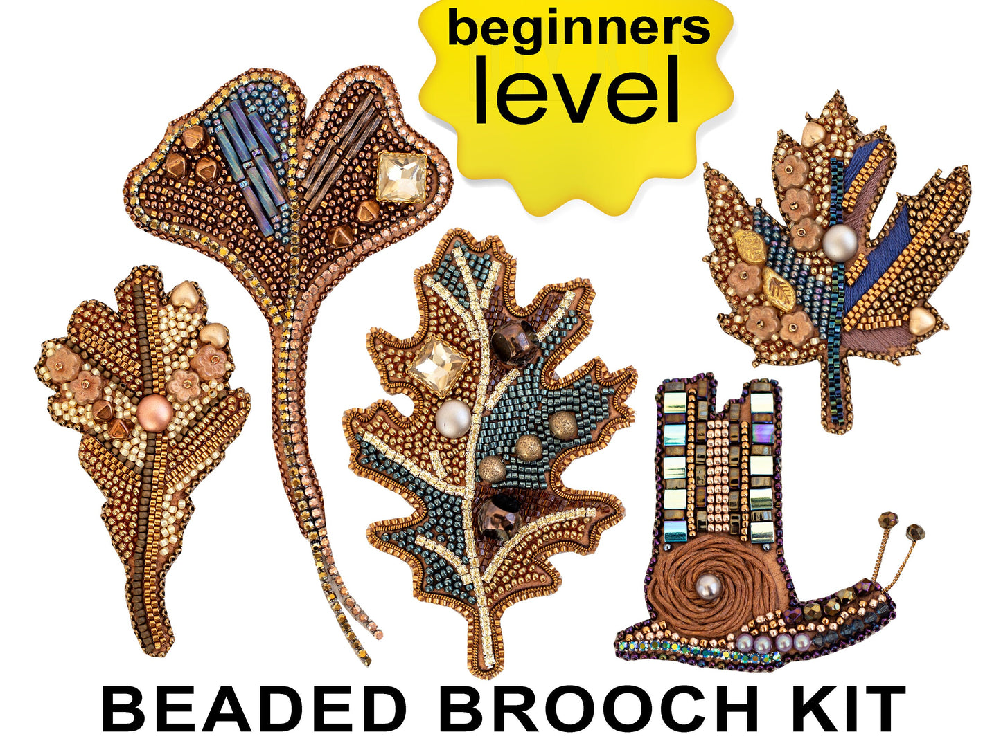 Set of 4 leafs and snail Bead embroidery kits. Seed Bead Brooch kits. DIY Craft kits. Beadweaving Kits. Needlework beading