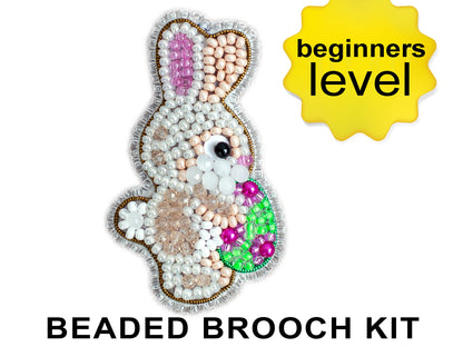 Rabbit with Egg Bead embroidery kit. Seed Bead Brooch kit. DIY Craft kit. Beadweaving Kit. Needlework beading. Handmade Jewelry Making Kit