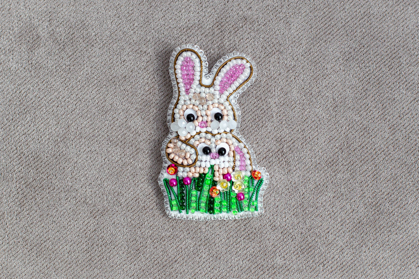 Rabbits in Grass Bead embroidery kit. Seed Bead Brooch kit. DIY Craft kit. Beadweaving Kit. Needlework beading. Handmade Jewelry Making Kit