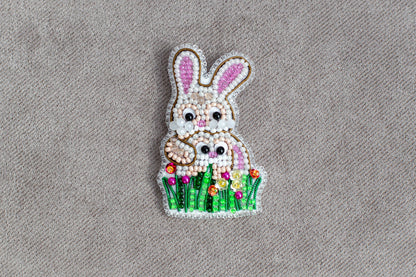 Rabbits in Grass Bead embroidery kit. Seed Bead Brooch kit. DIY Craft kit. Beadweaving Kit. Needlework beading. Handmade Jewelry Making Kit