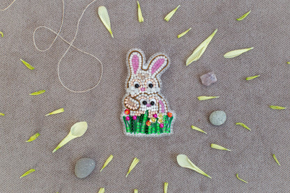 Rabbits in Grass Bead embroidery kit. Seed Bead Brooch kit. DIY Craft kit. Beadweaving Kit. Needlework beading. Handmade Jewelry Making Kit