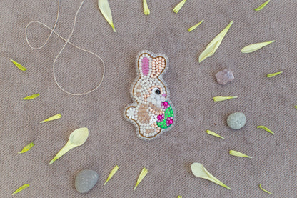 Rabbit with Egg Bead embroidery kit. Seed Bead Brooch kit. DIY Craft kit. Beadweaving Kit. Needlework beading. Handmade Jewelry Making Kit