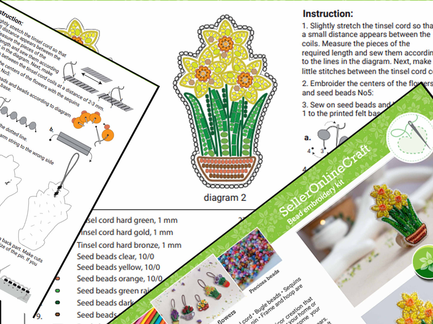 Daffodil Bead embroidery kit. Seed Bead Brooch kit. DIY Craft kit. Beadweaving Kit. Needlework beading. Handmade Jewelry Making Kit