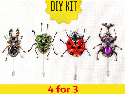 Set of 4 bugs Bead Embroidery kits. Seed Bead Brooch kits. DIY Craft kits. Beadweaving Kits. Needlework beading. Handmade Jewelry Making Kit