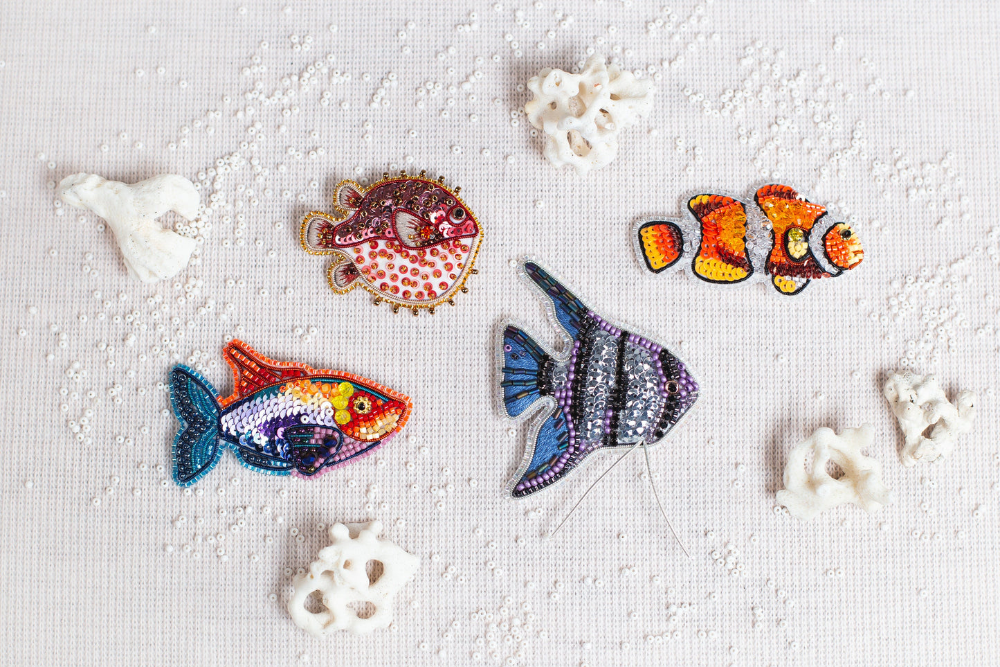 Set of 4 fishes Bead Embroidery kits. Seed Bead Brooch kits. DIY Craft kits. Beadweaving Kits. Needlework beading