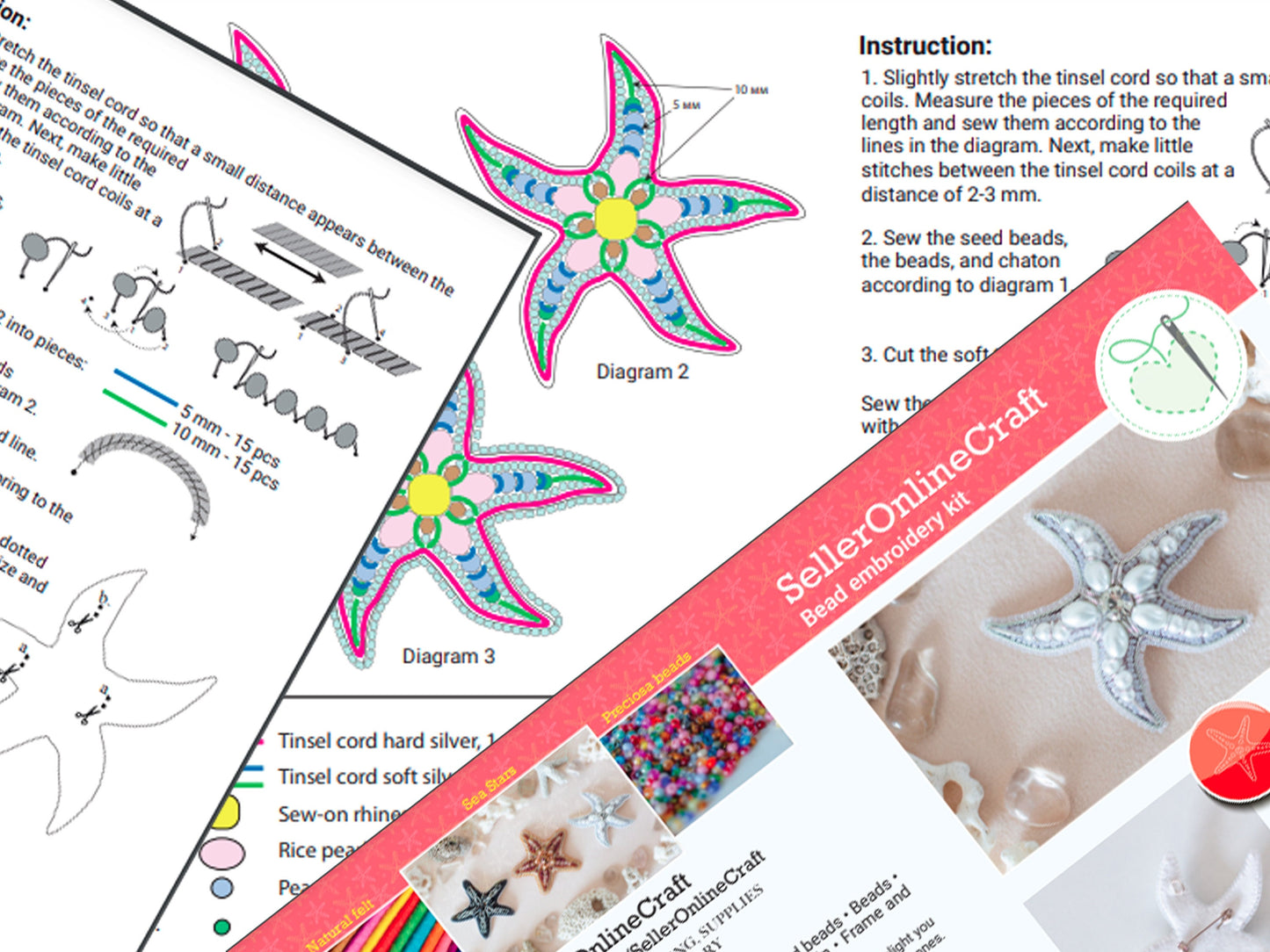 Starfish Bead Embroidery Kit. Bead Brooch kit, DIY Beaded Brooch Kit for Beginner Needlework beading