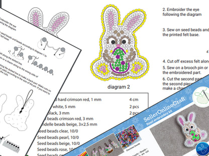 Rabbit with Egg Bead embroidery kit. Seed Bead Brooch kit. DIY Craft kit. Beadweaving Kit. Needlework beading. Handmade Jewelry Making Kit