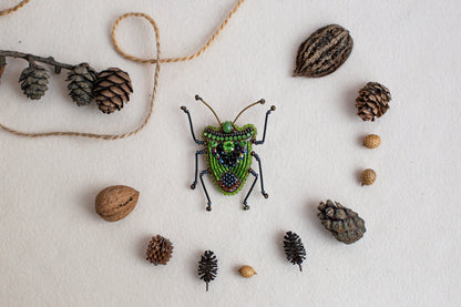 Green Shield Bug Bead embroidery kit. Seed Bead Brooch kit. DIY Craft kit. Beadweaving Kit. Needlework beading. Handmade Jewelry Making Kit